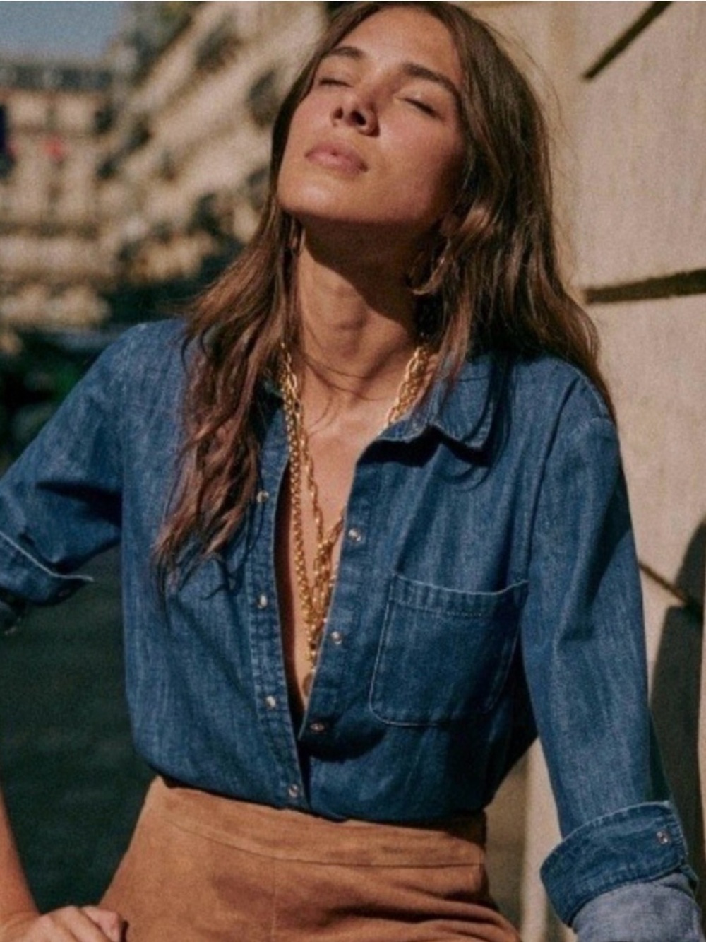 Sézane Tomboy Blue Denim Snap Shirt FR 40 US 8 100% Cotton